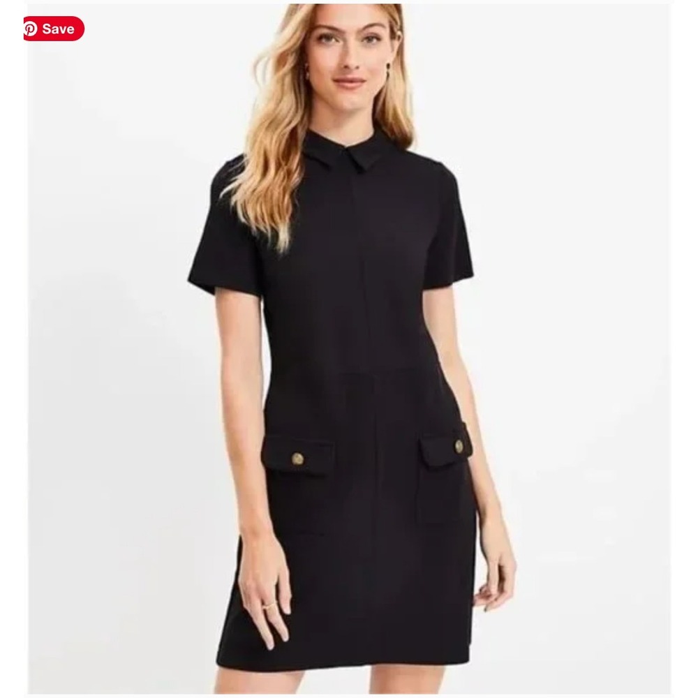 LOFT Women's XL Ponte‎ Button Black and Gold Collared Short Sleeve Mini Dress